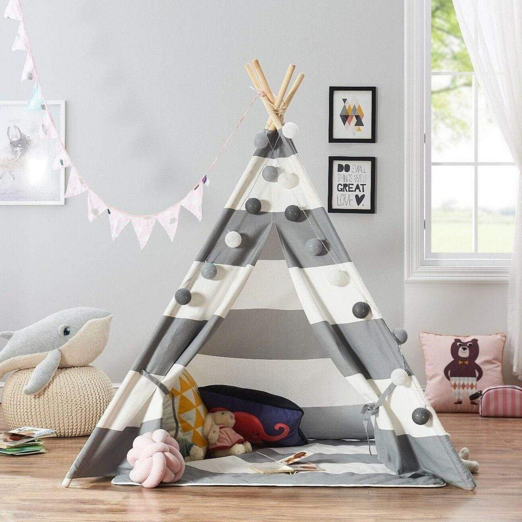 Large Kids Teepee Tent Wooden Playhouse Black Pink Grey White Gift for Boy Girl - EasyChic Home