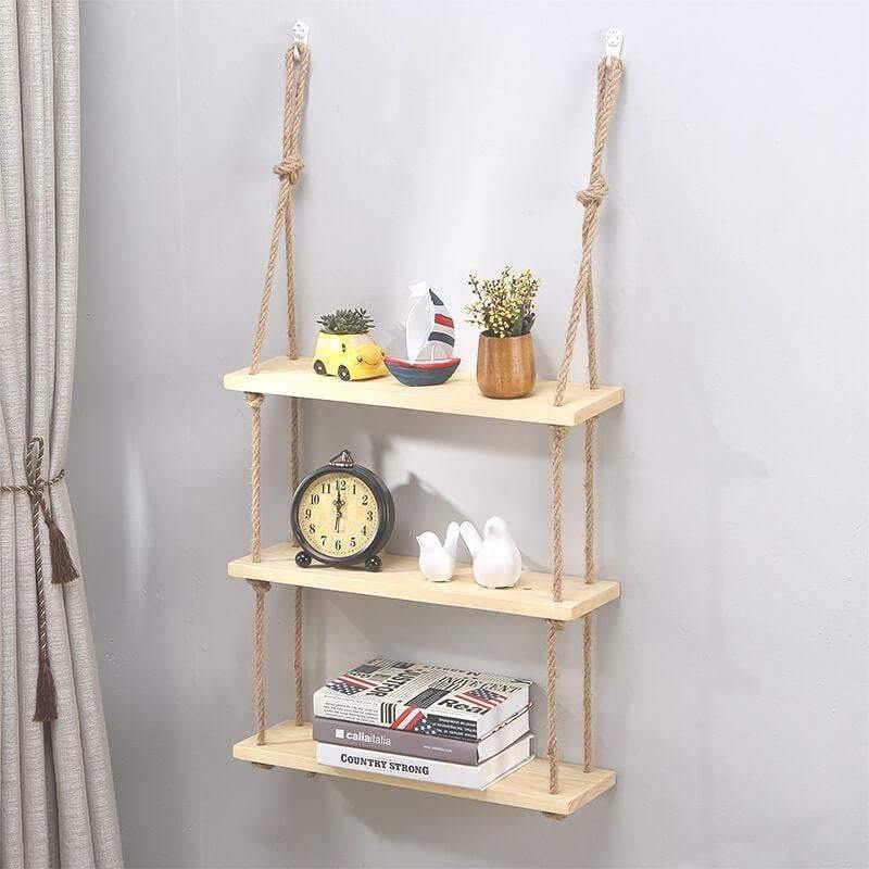 Rustic Solid Wood Rope Wall Shelf Country Vintage Storage Floating Shelf Natural - EasyChic Home